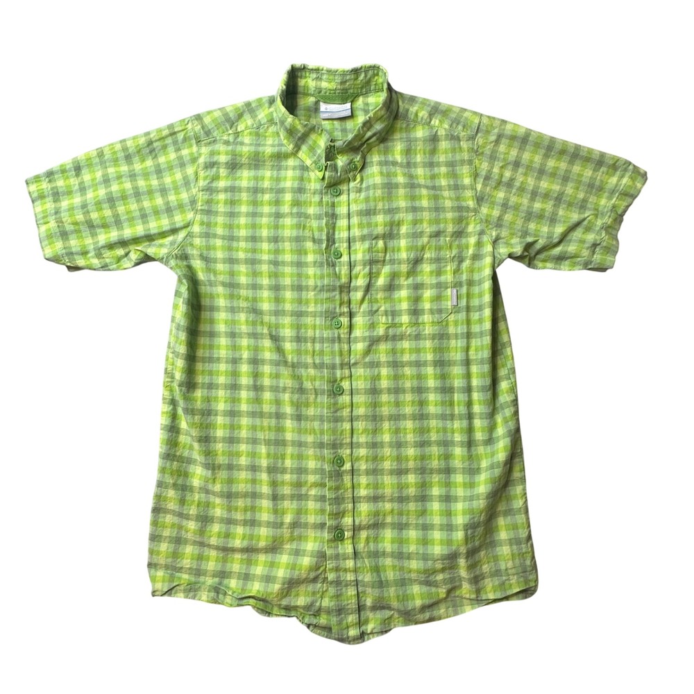 Columbia‎ Shirt Boys L 14/16 Green Plaid Short Sleeve Casual Button Down Outdoor